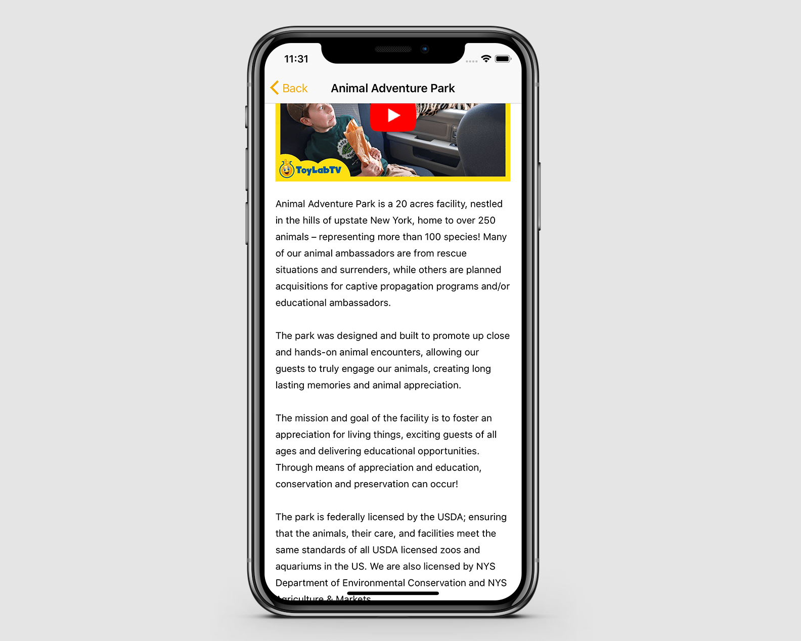 Content page with embedded YouTube video, scrolled