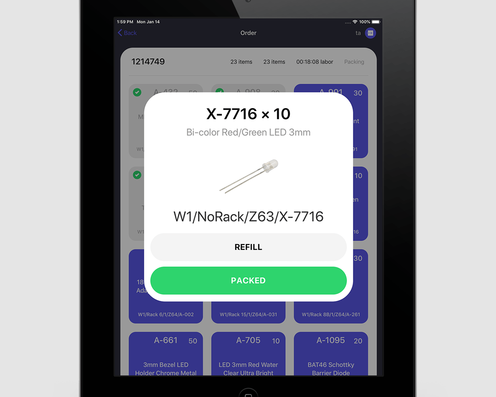 Order item detail and action buttons
